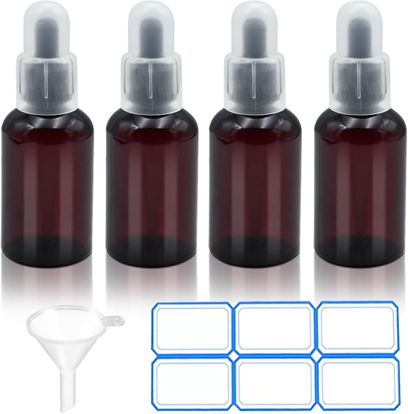 AskBed 4 Pack 2 Oz (50ml) Amber Plastic Essential Dropper Bottles with Funnel, Labels for Liquid Storage - Image 1